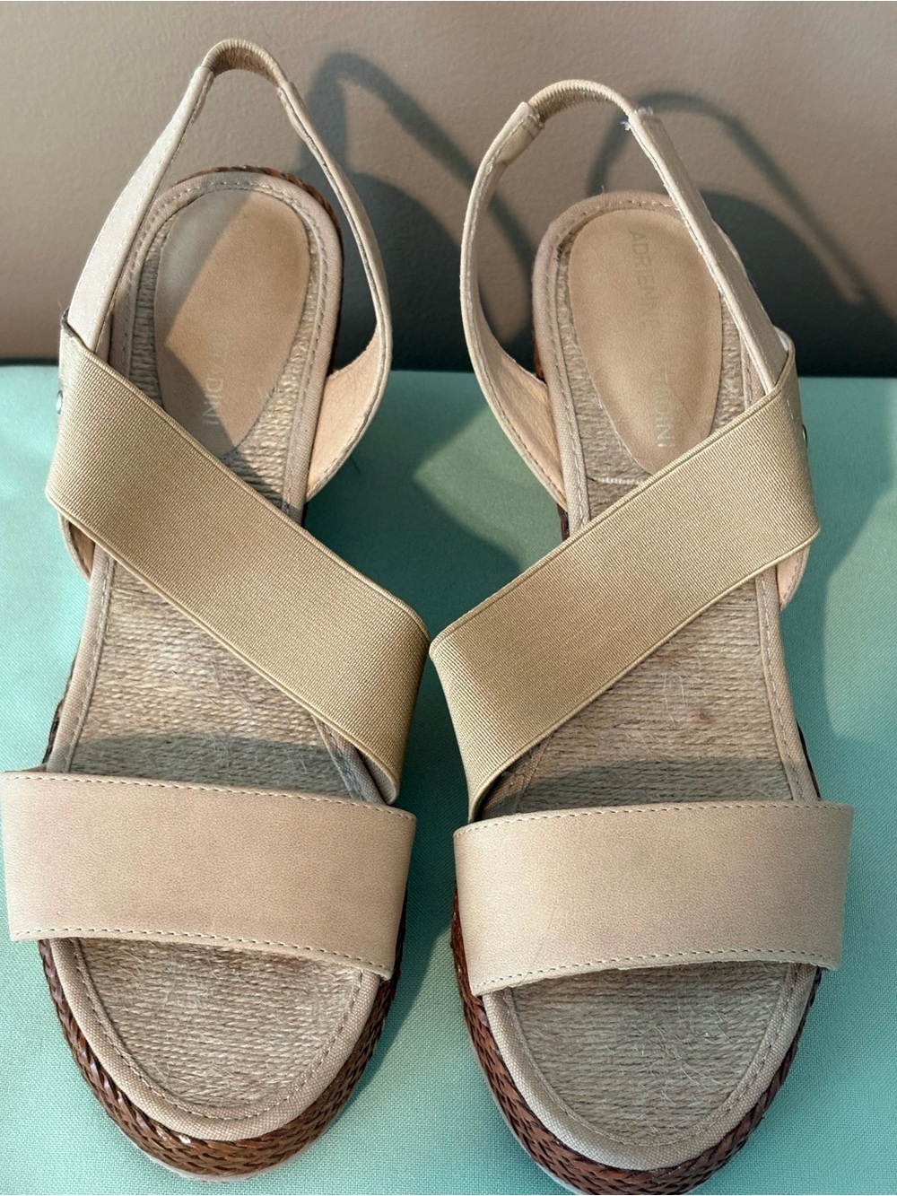 Adrienne Vittadini Beige Wedge Sandals with Brown Woven Platform 9M